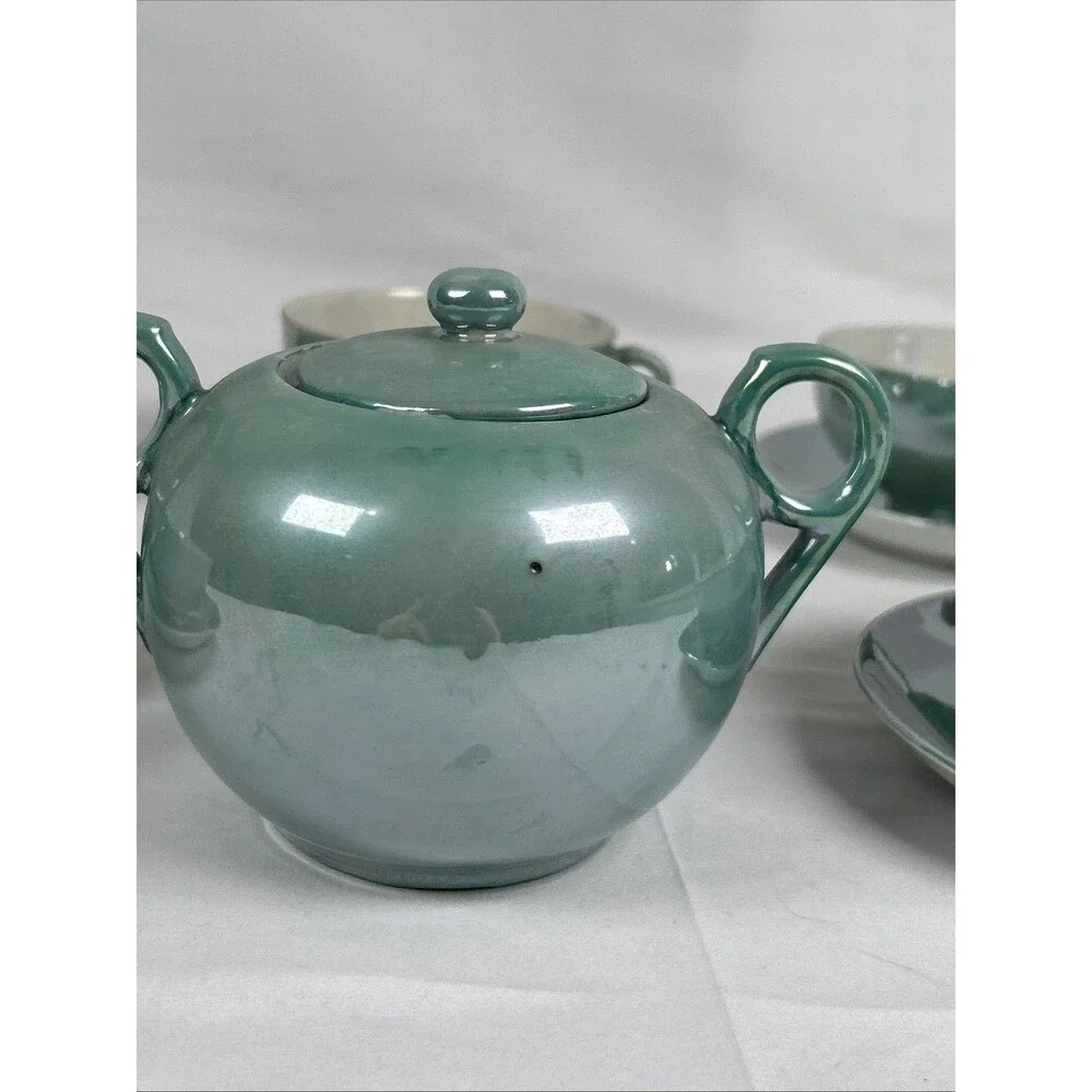 Vtg Lot Hand painted Japan Green Opal Lusterware Cups Saucers Sugar Bowl W/ Lid